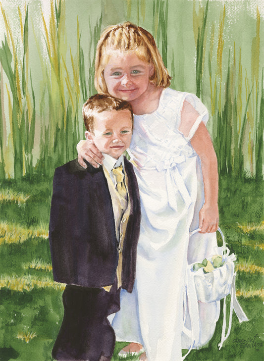 A beautiful day for cousins Abby and Noah to participate in a family wedding. Watercolor on paper. Framed.