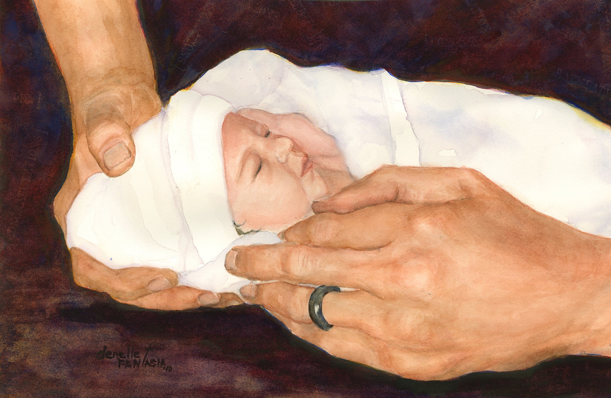 A baby girl born a month early as she is being held by her father's big hands. It reminds me of how God holds us.