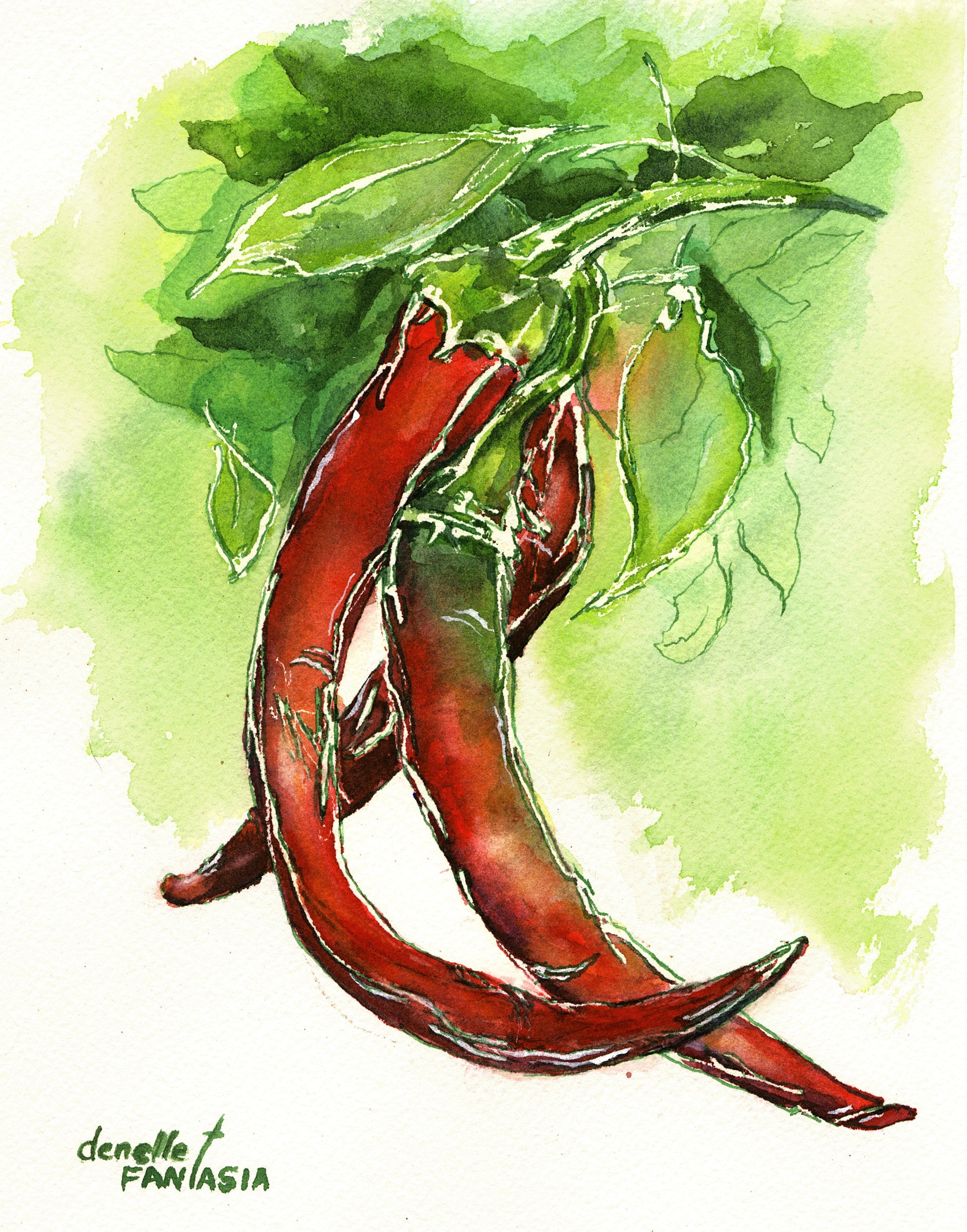 Cayenne peppers are always a part of my garden. I created this painting using a pizza cutter and mask it for the outlines.