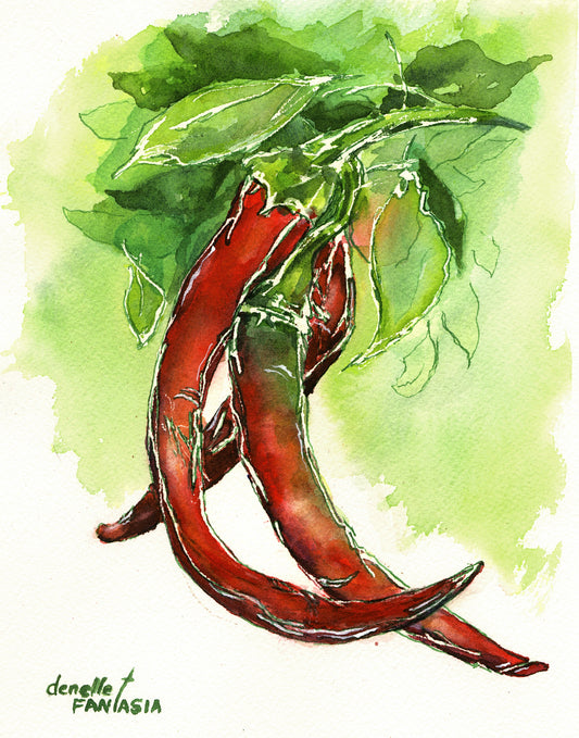 Cayenne peppers are always a part of my garden. I created this painting using a pizza cutter and mask it for the outlines.