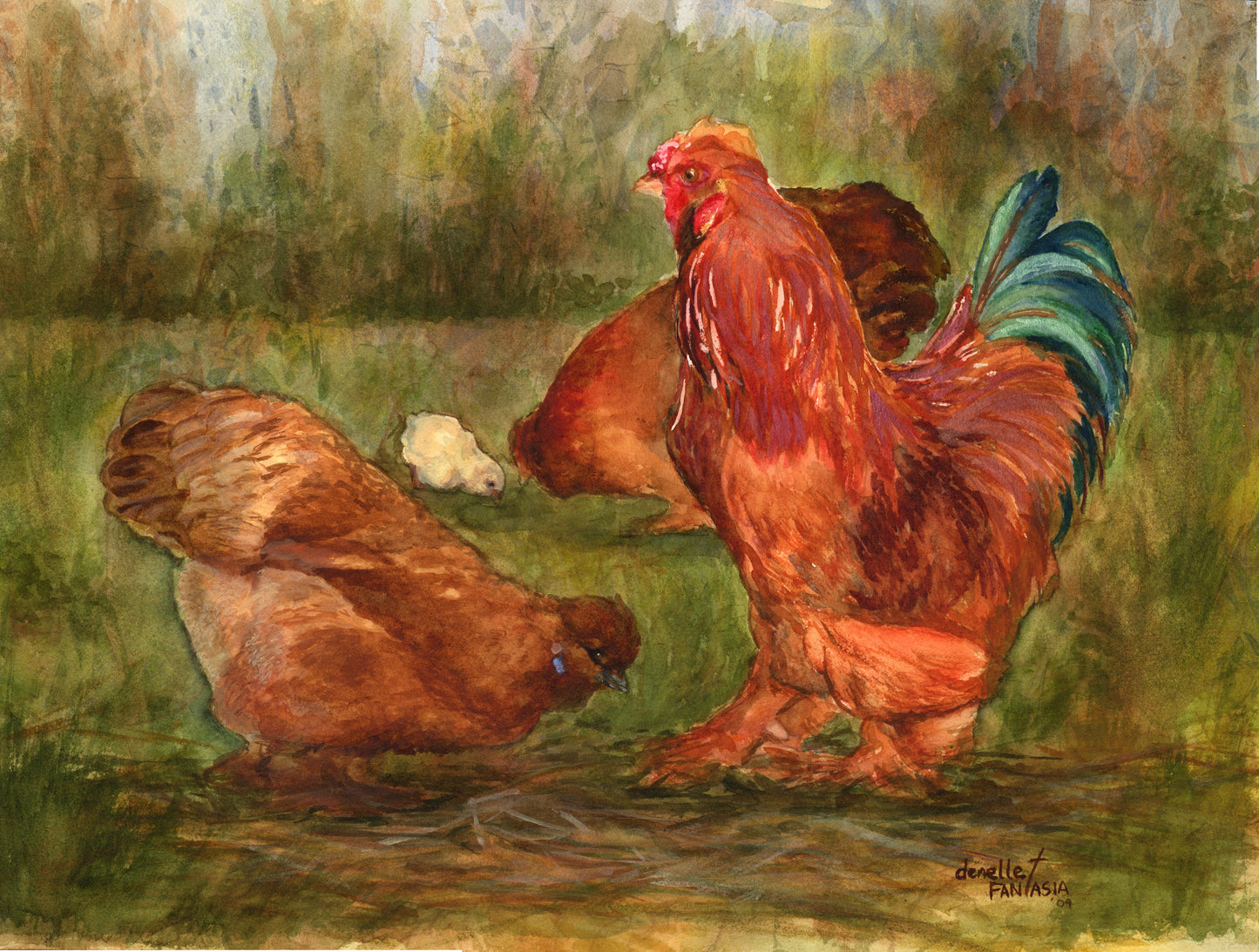 These are chickens at my little farm. I used platic wrap to create the background. Lots of fun to create the painting and to watch the chickens.